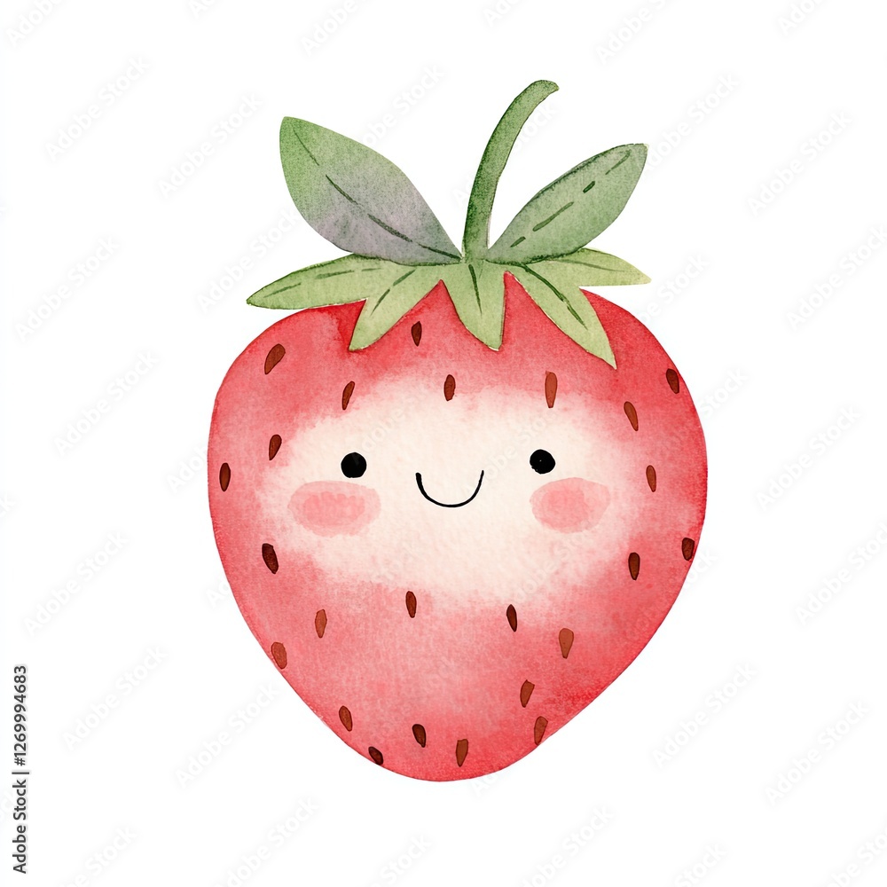 Obraz premium Cheerful strawberry character with rosy cheeks and vibrant green