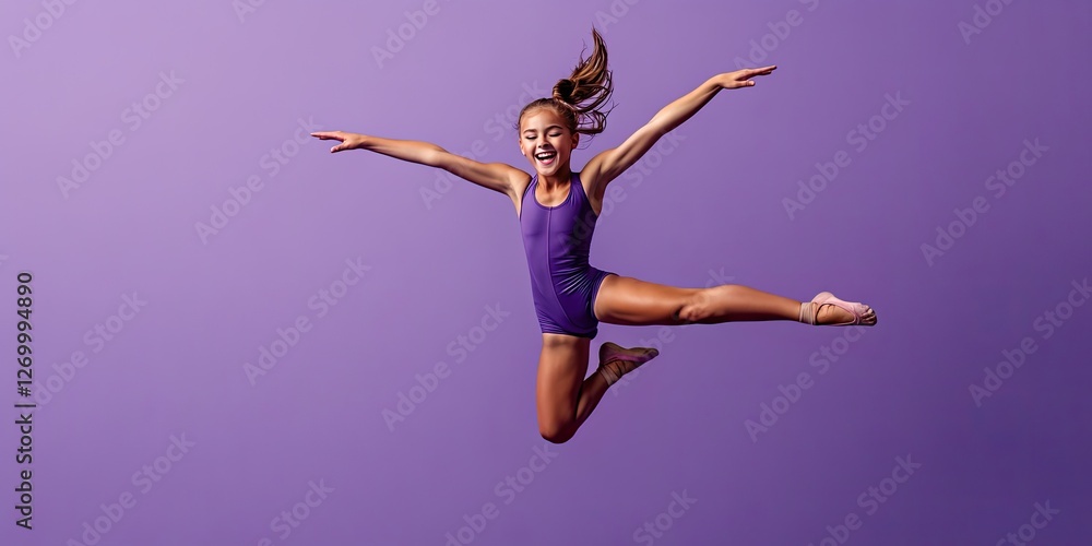 Dynamic jump captures energy and grace in vibrant purple backdro Dynamic jump captures energy and grace in vibrant purple backdro