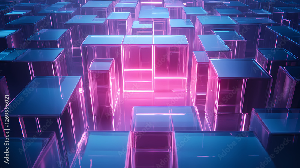 A floating 3d maze of glass walls illuminated by a soft neon light. Labyrinth of Liquid Light. Illustration A floating 3d maze of glass walls illuminated by a soft neon light. Labyrinth of Liquid Light. Illustration