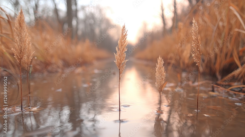 Obraz premium Dry golden reeds stand in a shallow forest stream during a warm autumn sunset.
