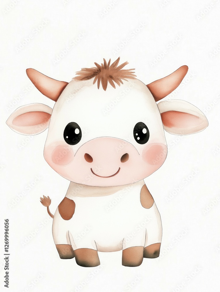 Fototapeta premium Cute cartoon cow with big eyes and cheerful expression, perfect