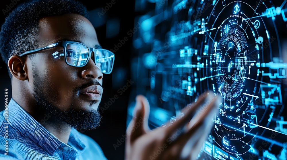 Young African American professional interacting with futuristic holographic interface displaying digital data and technology elements in glowing blue tones. Young African American professional interacting with futuristic holographic interface displaying digital data and technology elements in glowing blue tones.