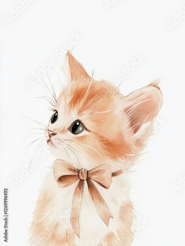 Fluffy orange kitten with expressive eyes and delicate bow, exud