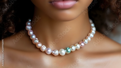 Young African American woman wearing elegant pearl and turquoise beaded necklace against dark background, closeup of neck and lower face showing natural makeup. photo