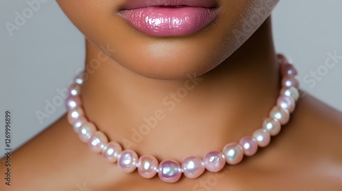 Close up of African American woman wearing pink pearl necklace and glossy pink lipstick against gray background, fashion and beauty concept. photo