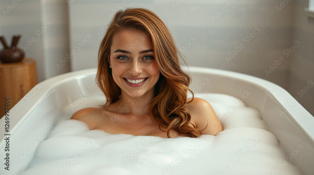 Obraz premium Portrait of young beautiful woman having fun while lying in bathtub full of foam at home. Charming smiling model relaxing in luxury bath interior