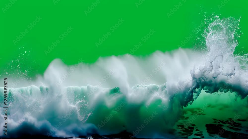 Ocean wave with green screen background. Powerful sea wave crashing against a surreal chroma key sky, ideal for creative video editing and visual effects.