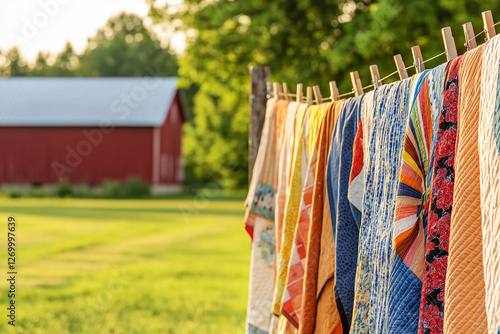 vibrant quilts billowing on countryside clothesline, weathered red barn backdrop photo