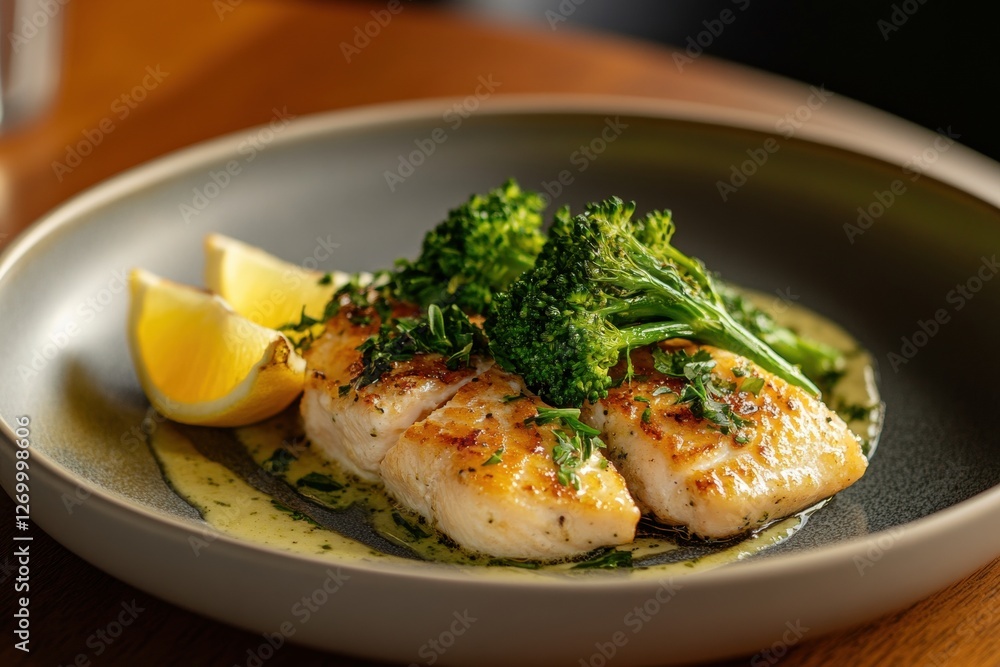 Grilled fish fillet with broccoli and lemon, elegant food photography Grilled fish fillet with broccoli and lemon, elegant food photography