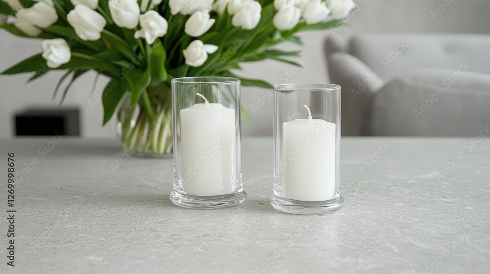 Fototapeta premium Two white pillar candles in glass holders stand on a grey table next to a bouquet of tulips in a bright living room.