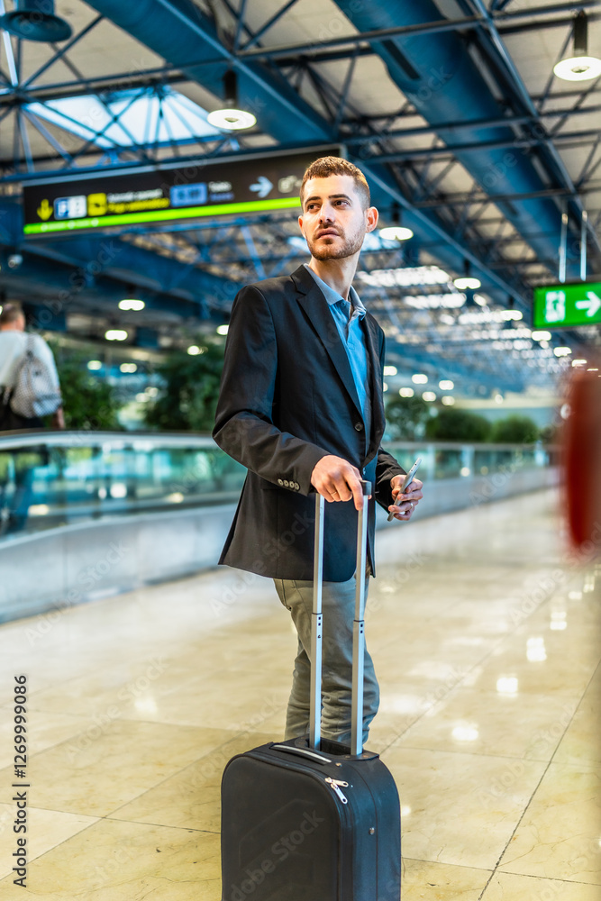 Fototapeta premium Businessman walking with trolley suitcase in airport terminal