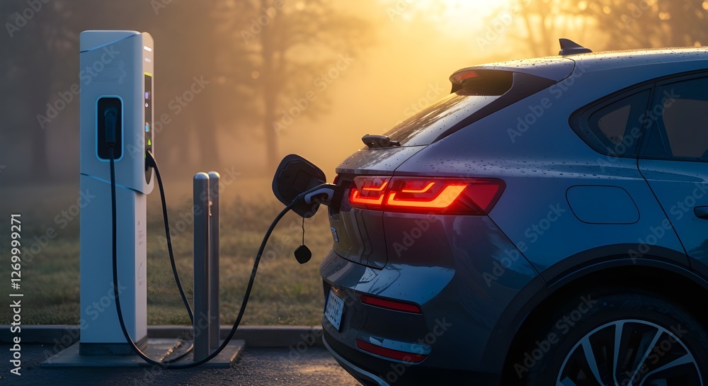 Carga de coches eléctricos en una gasolinera de la ciudad, paisaje industrial, elementos de neón, ambiente saludable sin emisiones nocivas. Concepto ecológico Carga de coches eléctricos en una gasolinera de la ciudad, paisaje industrial, elementos de neón, ambiente saludable sin emisiones nocivas. Concepto ecológico