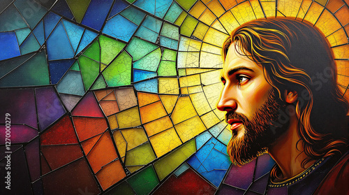 Ilustração artística de Jesus Cristo em perfil, com auréola dourada, sobre fundo de vitral multicolorido, transmitindo espiritualidade, fé e beleza sacra.