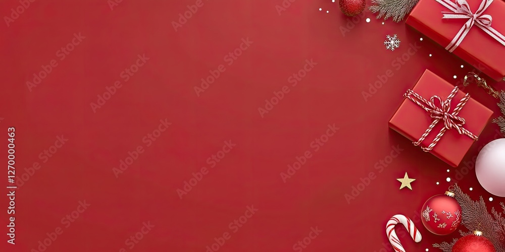 Red Christmas Background With Gifts Ornaments And Candy Red Christmas Background With Gifts Ornaments And Candy