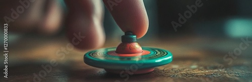 The menace of nuclear arms deployment, the initiation of a nuclear bomb. A white man's hand presses a sizable red button marked with a nuclear sign photo