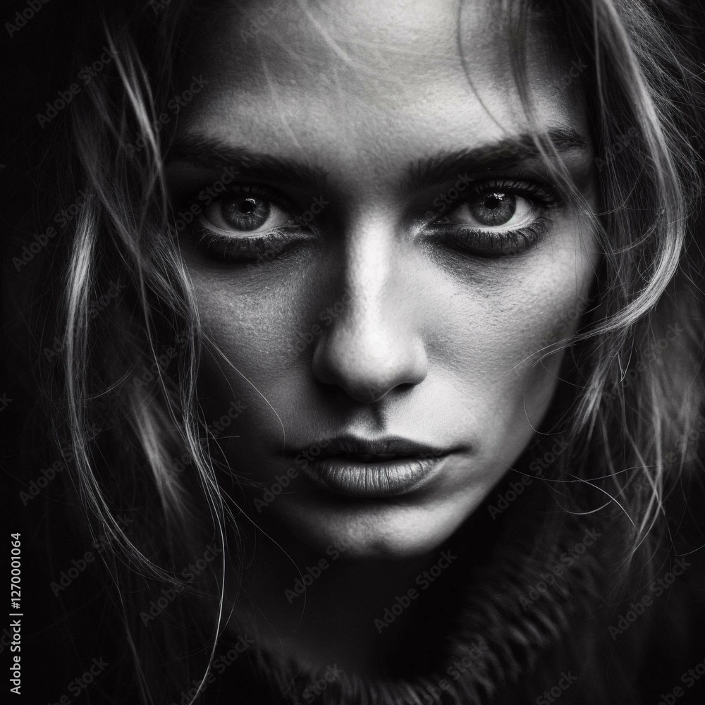 Moody black and white portrait of a woman. Moody black and white portrait of a woman.