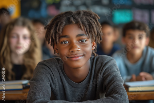 A 16-year-old cute African-American schoolboy sits at his desk, concentrating on his books and notebooks in the classroom. School education