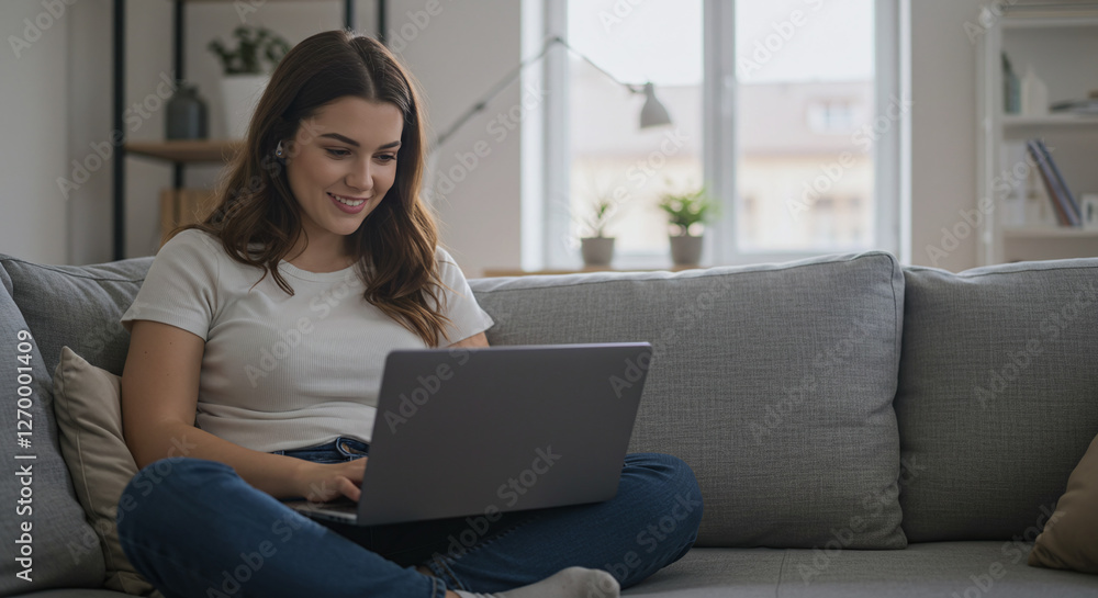 Freelancer Working Remotely on a Laptop, Home Office Setup Freelancer Working Remotely on a Laptop, Home Office Setup