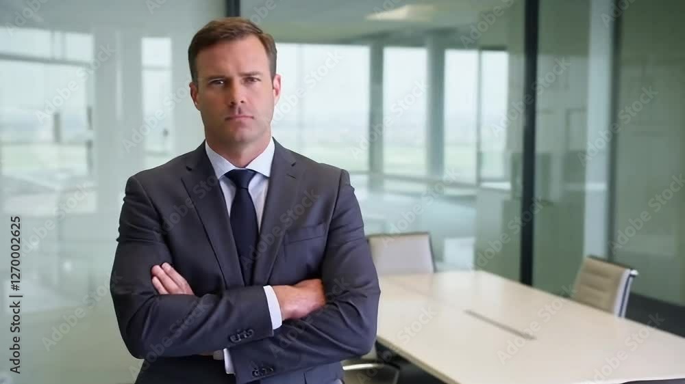 Serious businessman stands with crossed arms in modern office