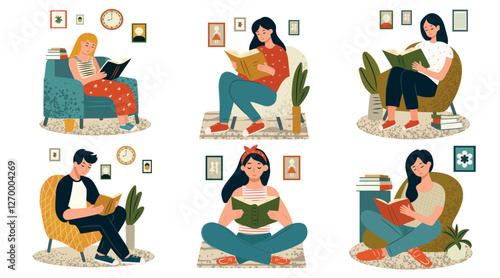 Bookcrossing, people reading books. Literature lovers, hobby and education concept. Student enjoying a novel. Set of flat vector illustrations.