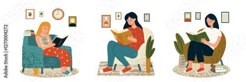 Bookcrossing, people reading books. Literature lovers, hobby and education concept. Student enjoying a novel. Set of flat vector illustrations.