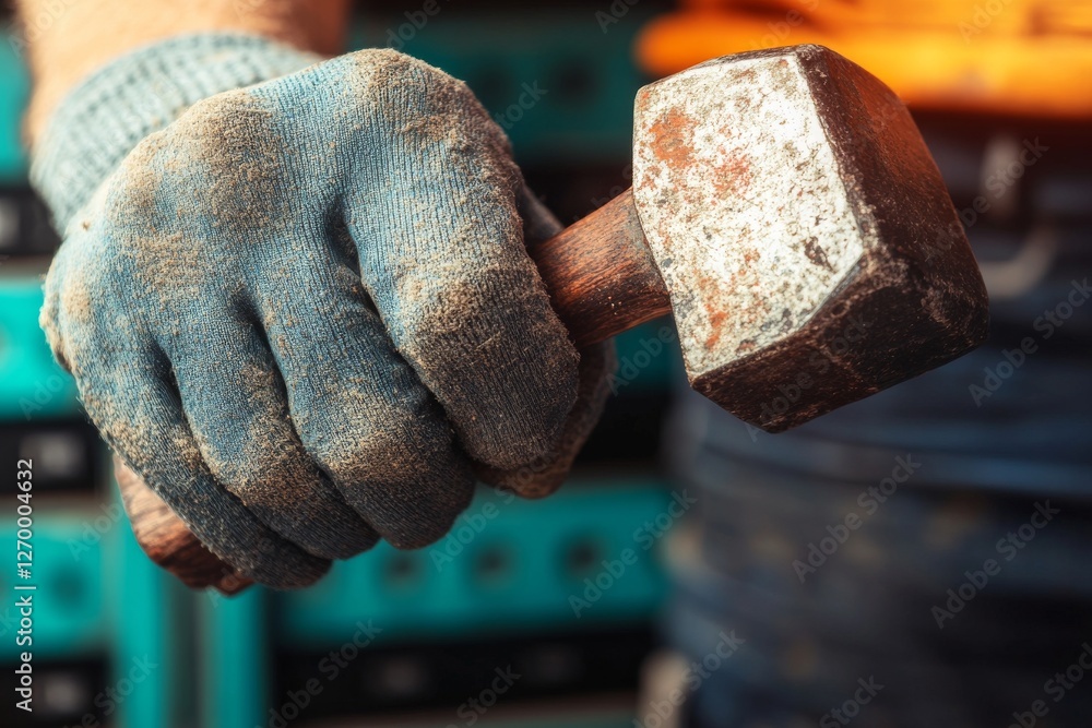 A detailed view of a man holding a hammer at a data storage server A detailed view of a man holding a hammer at a data storage server