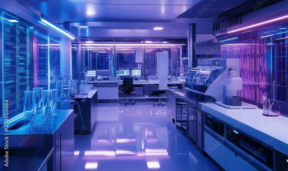 Futuristic technology lab with glowing data panels, sleek equipment, and vibrant neon lights reflecting off polished surfaces. Futuristic technology lab with glowing data panels, sleek equipment, and vibrant neon lights reflecting off polished surfaces.