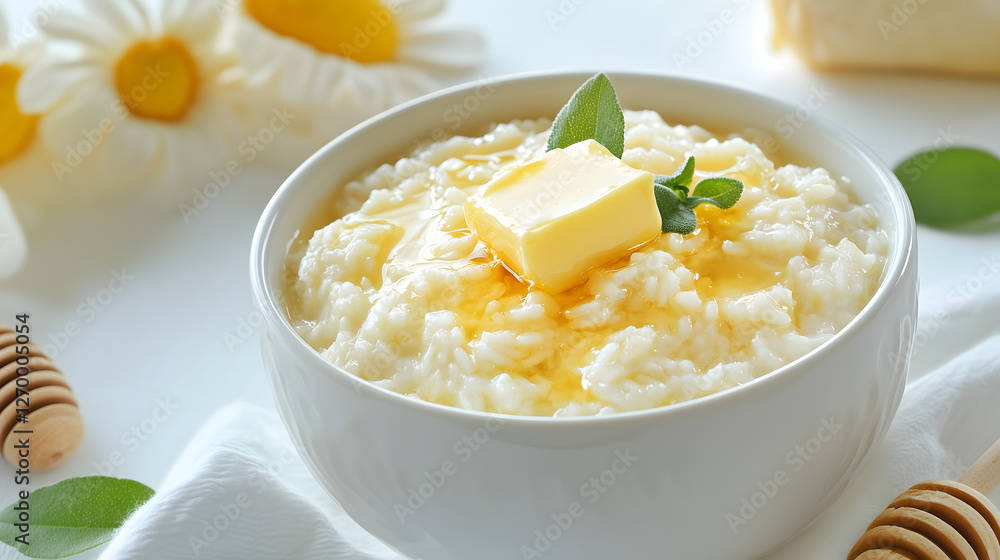 Rice porridge topped with butter and honey in clean white ceramic bowl against seamless background_2 Rice porridge topped with butter and honey in clean white ceramic bowl against seamless background_2