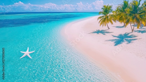 White Starfish Floats in Turquoise Ocean Near Palm Trees