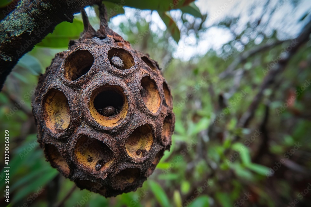 As autumn ended, an Asian hornet's nest was demolished by inclement weather and birds that preyed on the larvae. Vespa velutina As autumn ended, an Asian hornet's nest was demolished by inclement weather and birds that preyed on the larvae. Vespa velutina