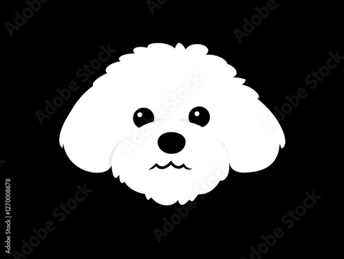 A cartoon-style illustration of a cute white dog face on a black background.
