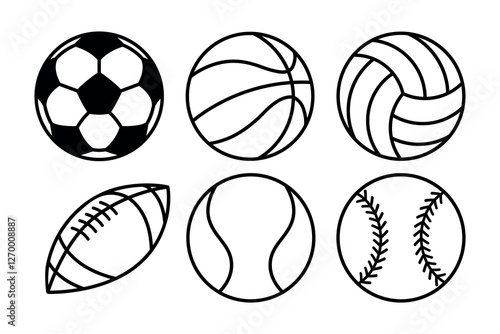 ball set, black sport icons, soccer, football, tennis, basketball, volleyball, rugby, baseball, collection of blank vector design element