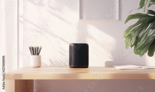 Wallpaper Mural Minimalist workspace setup with a sleek black speaker placed on a clean wooden desk, soft natural light adding warmt. Torontodigital.ca