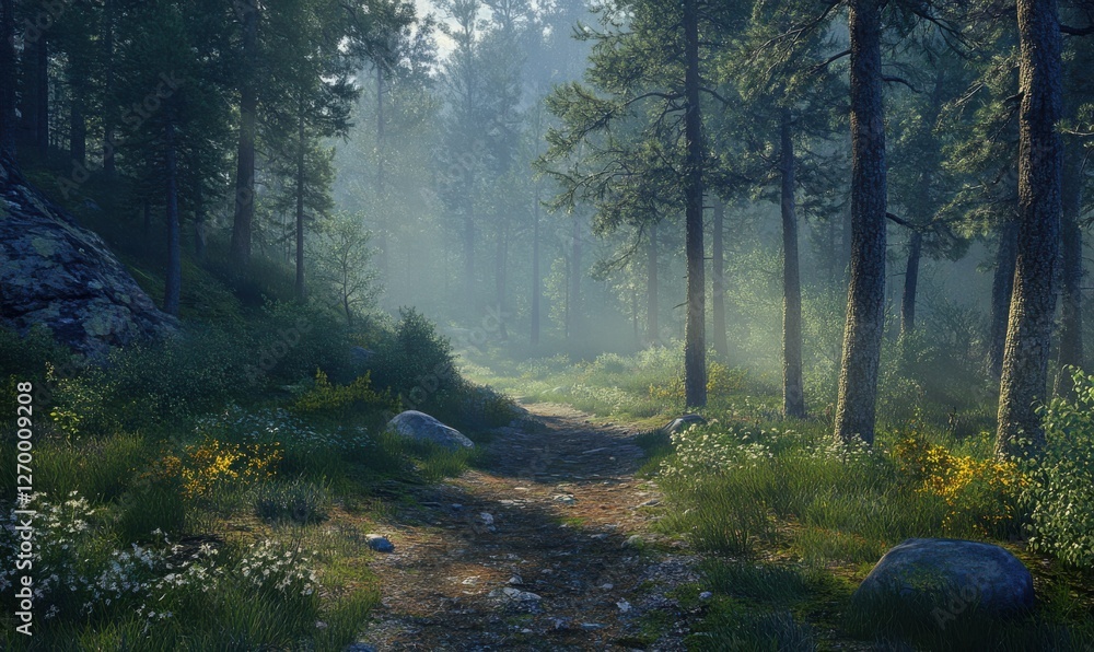 Fototapeta premium Misty forest trail surrounded by towering pine trees under diffused morning light, capturing tranquility and a sense of mystery.