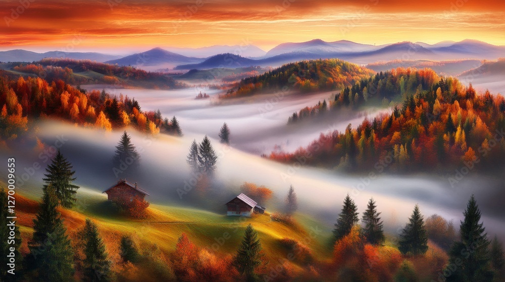 Autumnal Mist-Shrouded Mountain Valley: A Breathtaking Fall Foliage Scene Autumnal Mist-Shrouded Mountain Valley: A Breathtaking Fall Foliage Scene
