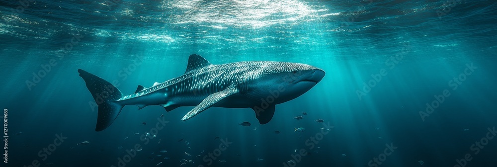 Naklejka premium Majestic Whale Shark Glides Through Sun-Dappled Ocean Depths, Surrounded by Small Fish