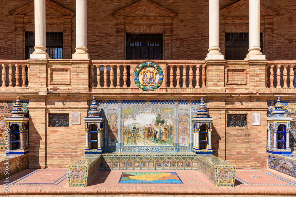 Sevilla, Spain - August 01, 2024: Plaza de Espana in Seville, Andalusia. The Plaza de Espana, built in 1928, is a plaza in the Parque de Maria Luisa in Seville, Spain.