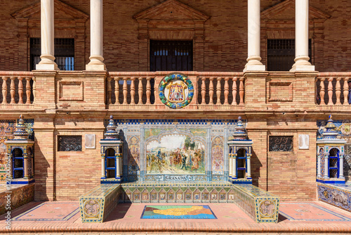 Obraz na płótnie Sevilla, Spain - August 01, 2024: Plaza de Espana in Seville, Andalusia. The Plaza de Espana, built in 1928, is a plaza in the Parque de Maria Luisa in Seville, Spain. w salonie