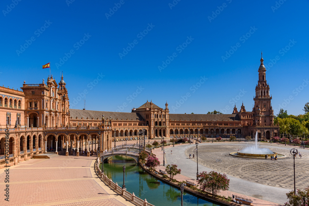 Sevilla, Spain - August 01, 2024: Plaza de Espana in Seville, Andalusia. The Plaza de Espana, built in 1928, is a plaza in the Parque de Maria Luisa in Seville, Spain.