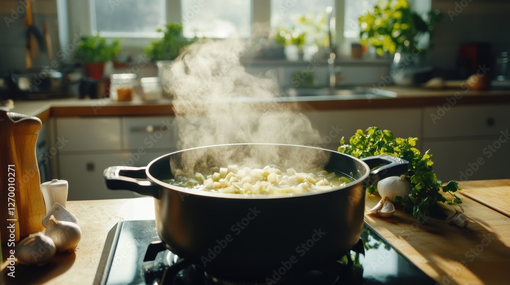 Cooking fresh vegetables soup in a bright kitchen with sunlight streaming through the window