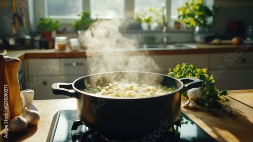 Cooking fresh vegetables soup in a bright kitchen with sunlight streaming through the window