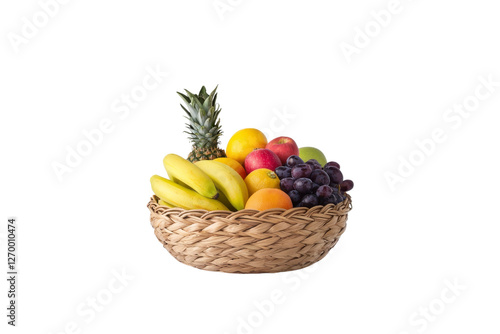 vibrant fruit basket filled with bananas, apples, grapes, oranges, and pineapple, showcasing colorful assortment of fresh produce. Perfect for healthy living