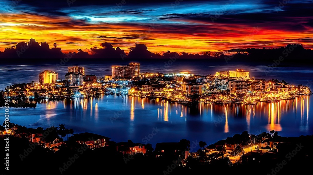 Fototapeta premium Night Cityscape Illuminated At Sunset Over Water
