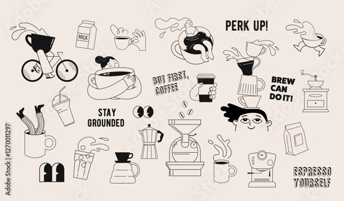 Collection of coffee illustrations and icons. Cafe and coffeeshop design. Concept characters with coffee mugs and utensils. Modern minimalist flat art. Perfect for coffee stores, prints, stickers. photo