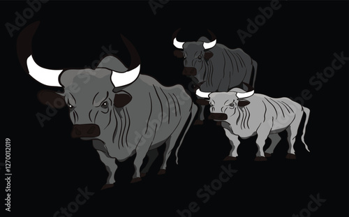 Three angry bulls charging forward on dark green background