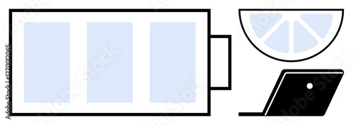 Battery, lemon slice, and laptop suggest themes of energy, freshness, and work. Ideal for productivity, efficiency, work-life balance, energy management healthy habits technological innovation