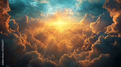 Lights divine flood the sky, the clouds drifting apart to display a dazzling route for Christ's grand return