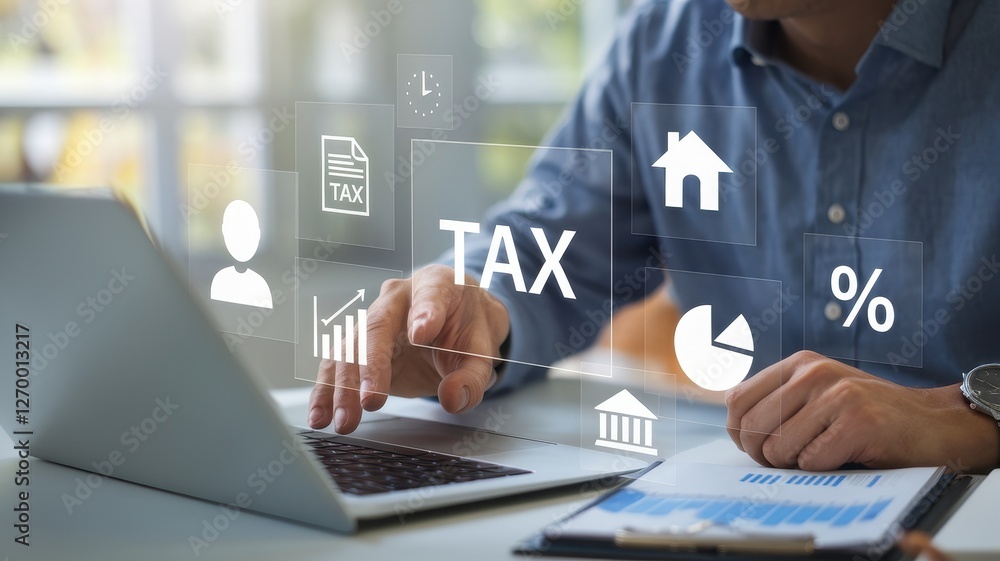 Man calculates taxes using a laptop with virtual interfaces Man calculates taxes using a laptop with virtual interfaces