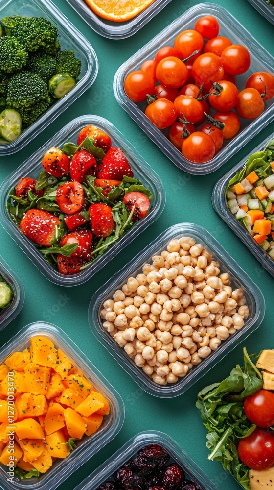 Colorful lunch boxes filled with fresh vegetables, fruits, and grains display a healthy lifestyle. The neatly arranged containers invite mindful eating and meal preparation Colorful lunch boxes filled with fresh vegetables, fruits, and grains display a healthy lifestyle. The neatly arranged containers invite mindful eating and meal preparation
