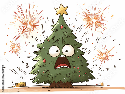 Surprised Christmas tree reacts to festive fireworks in joyful chaos during the holiday season photo